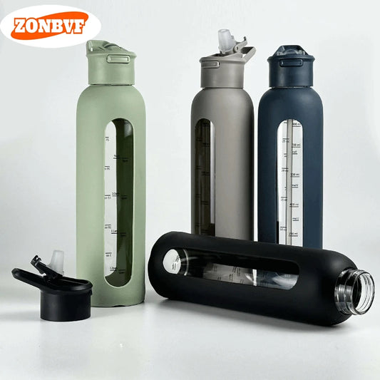 700Ml Handheld Cover Portable Sports Kettle Large Capacity Straw Cup with Graduated Silicone Cover Single-layer Glass Bottle