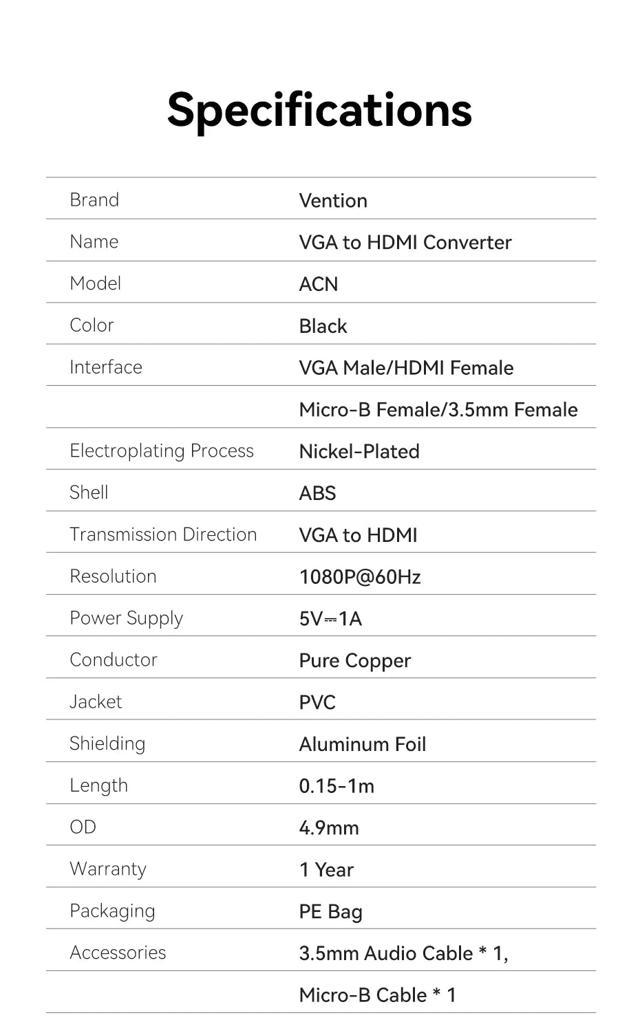 Vention Adaptateur VGA vers HDMI 1080P Convertisseur Mâle VGA vers Femelle HDMI avec Câble Audio et Alimentation USB pour PS4/3 HDTV Convertisseur VGA HDMI