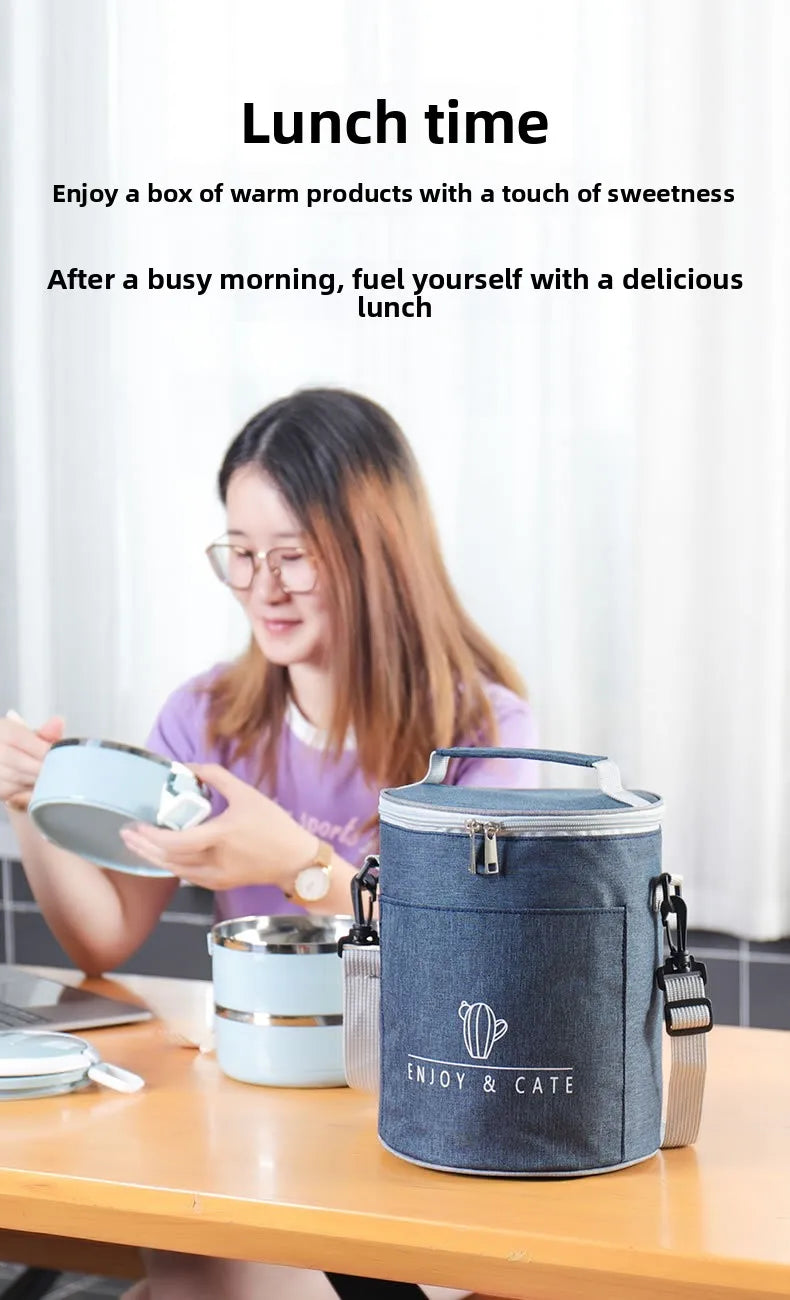 Große runde Thermische Lunchtasche Verdickte Aluminiumfolie Isolierte Bento-Tasche mit Reisbehälter Wärmetasche Mahlzeitenbeutel Oxford T...