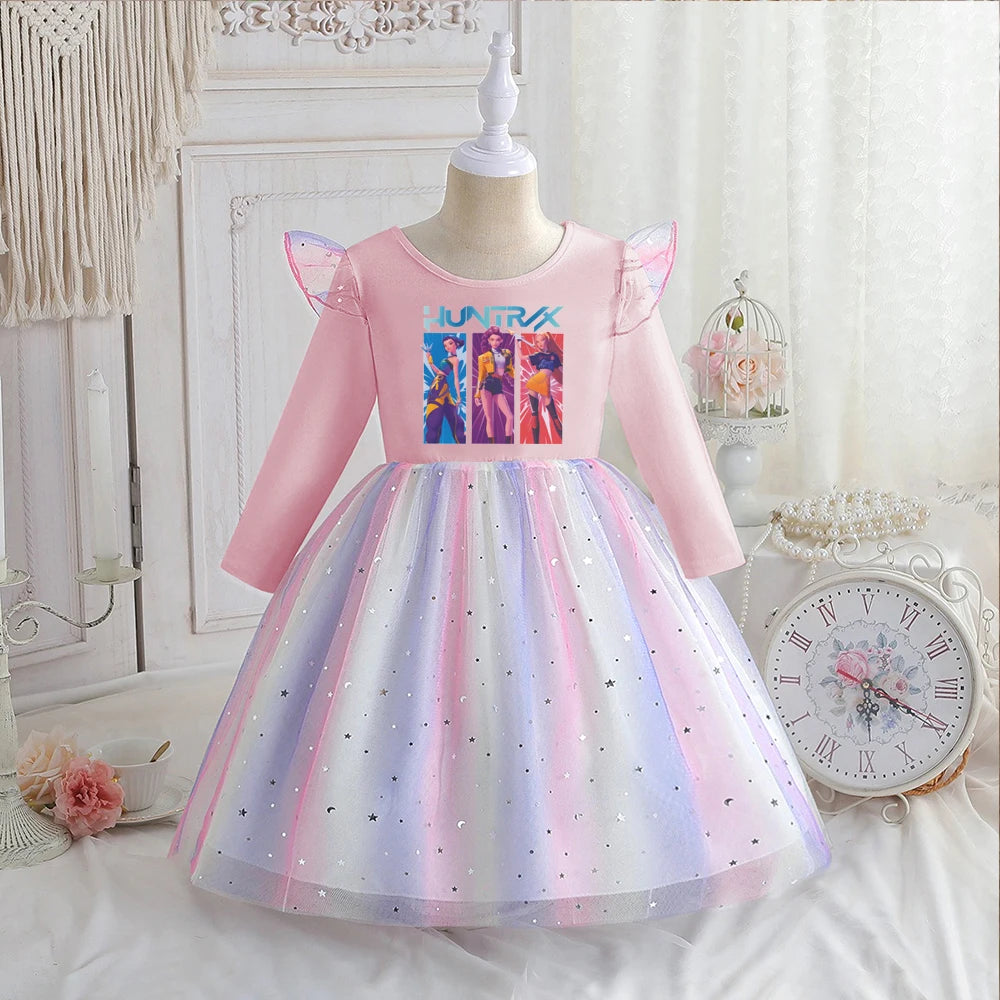 Kpop Demon Hunters Vêtements Enfants Robe de Princesse Manches Longues Printemps Robe Bébé Filles pour Fête d'Anniversaire Arc-en-ciel 2-8 Ans