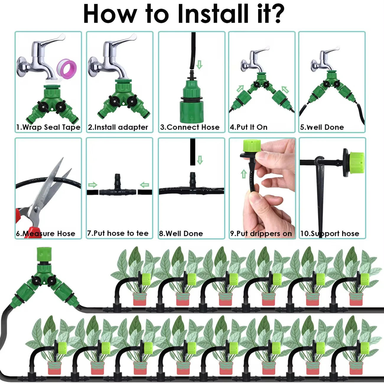 Kit d'irrigation goutte à goutte pour jardin 5-30M Tuyau 1/4'' Système d'arrosage automatique Économie d'eau portable réglable pour plantes et fleurs de serre