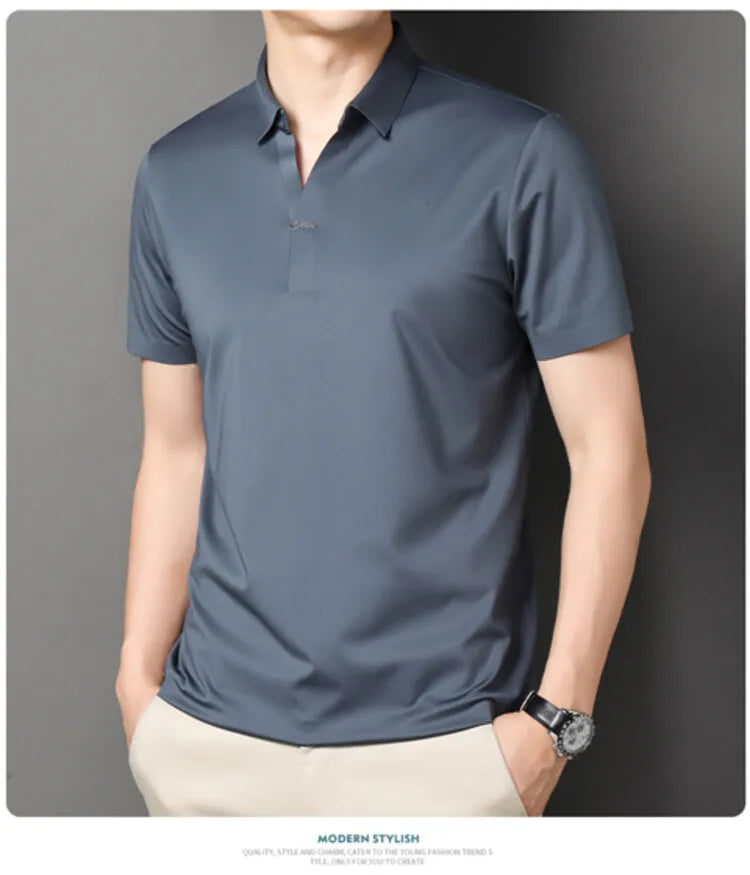 Polo 2024 de haute qualité, extensible et élastique, Chemise à manches courtes pour hommes, style décontracté, Col en V sans coutures, Polo pour hommes M-4XL