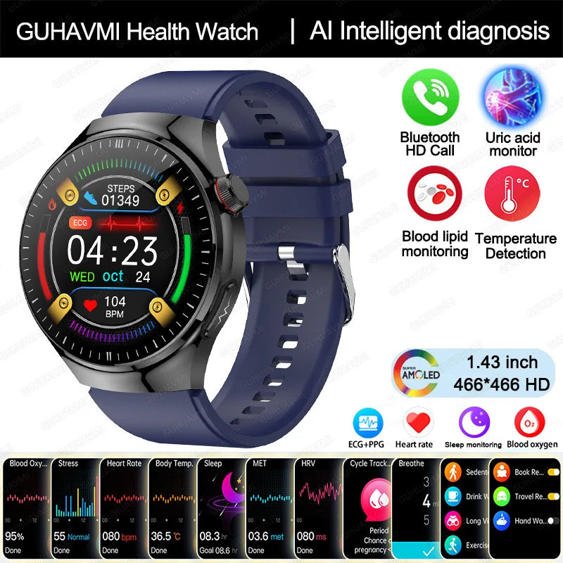 Montre Intelligente de Soins Infirmiers 2025 Montre connectée Santé, oxygène sanguin, lipides sanguins, acide urique, ECG+PPG, température corporelle, appel Bluetooth