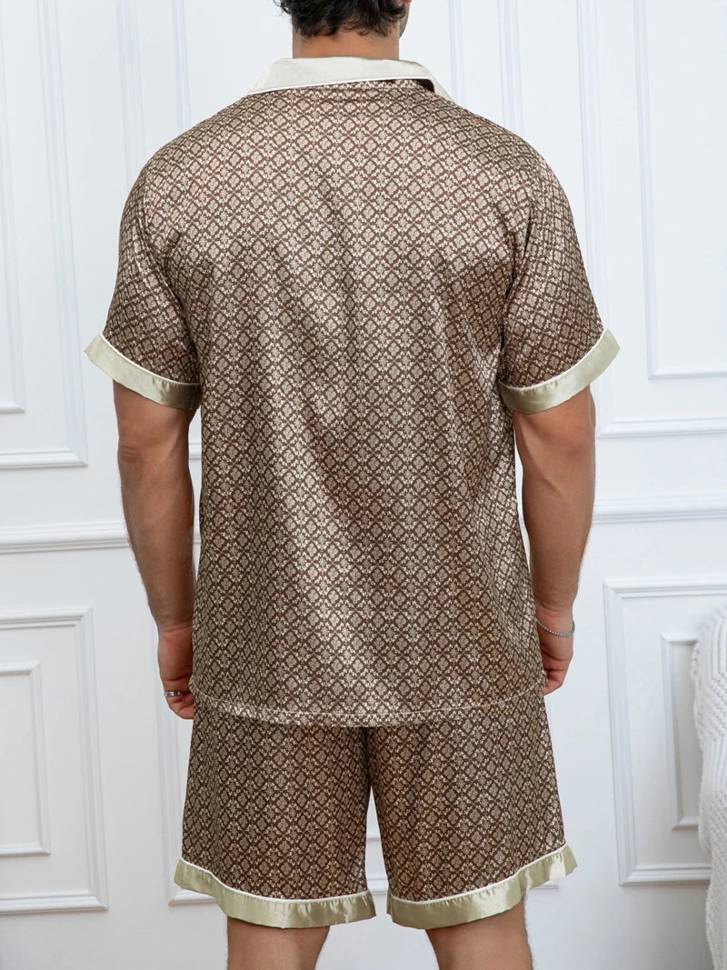 Herren-Pyjama-Set mit Karodruck, Kurzarm-Revers-Oberteil und elastische Shorts, bequem, perfekt für Sommer-Schlafanzüge und Loungewear