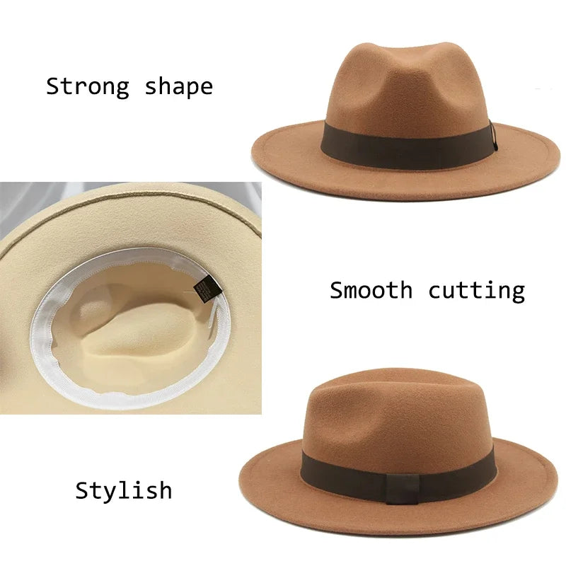 Chapeau Fedora Femme Chapeaux d'hiver pour femmes Bande de ruban Chapeau homme Large bord Classique Beige Mariage Eglise Chapeau melon Nouvelle casquette chapeau femme