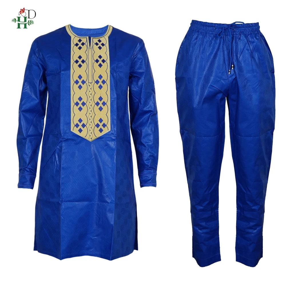 H&D Nouveaux Vêtements Africains pour Hommes Tradition Vêtements Broderie Bleu Ensemble 2 Pièces Haut Pantalon Bazin Musulman Mariage Fête Dashiki