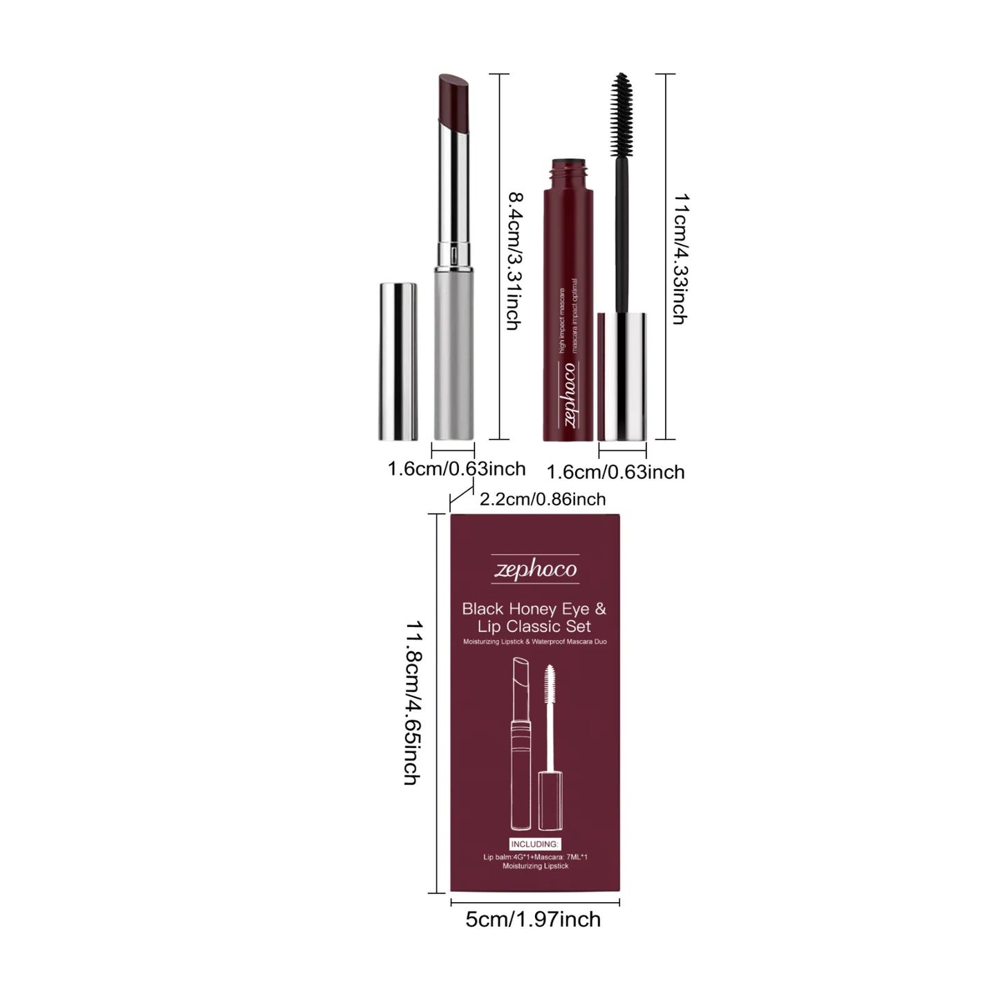 Ensemble de maquillage iconique pour les yeux et les lèvres Black Honey - Mascara volume noir + Rouge à lèvres hydratant brillant, Outils de courbure des cils