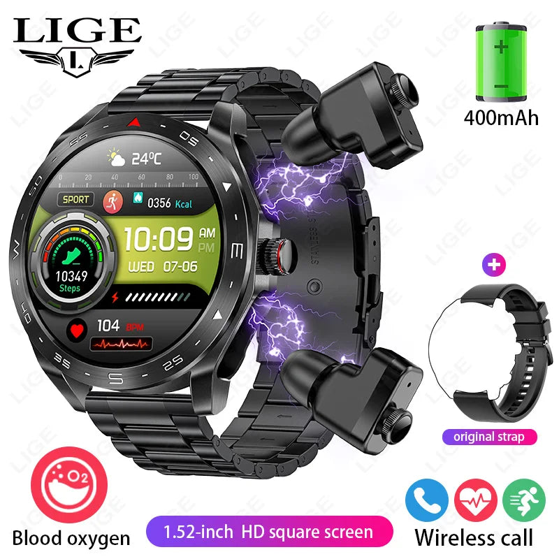 LIGE Avec écouteurs Bluetooth Casque Smartwatch Femme Moniteur d'activité Montre de sport Homme Étanche Montre intelligente Écran AMOLED