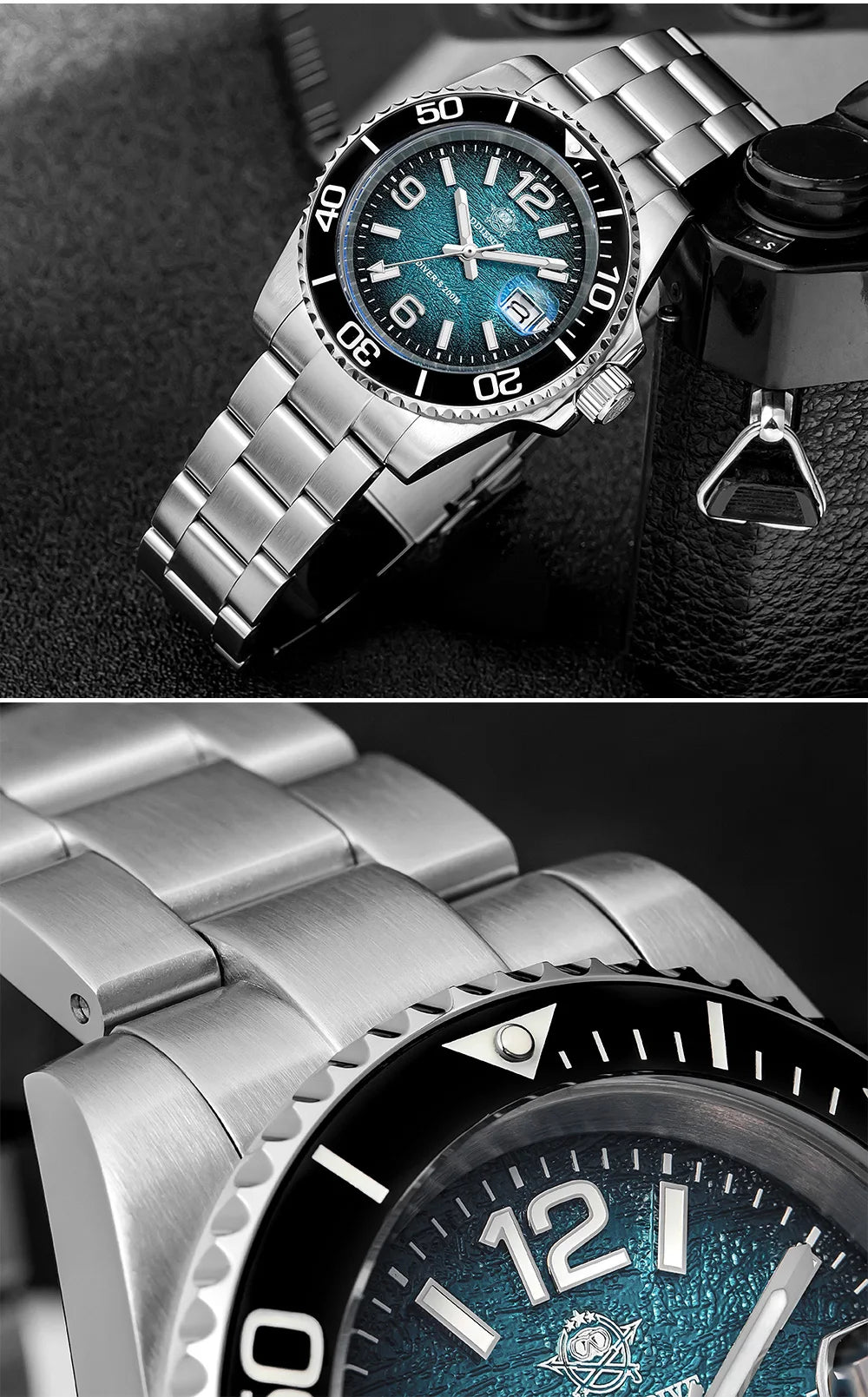 Montre de Plongée Homme ADDIESDIVE 41mm AD2513 Étanche 200m Acier Inoxydable 316L Montre-Bracelet à Quartz Calendrier BGW9 Super Lumineux