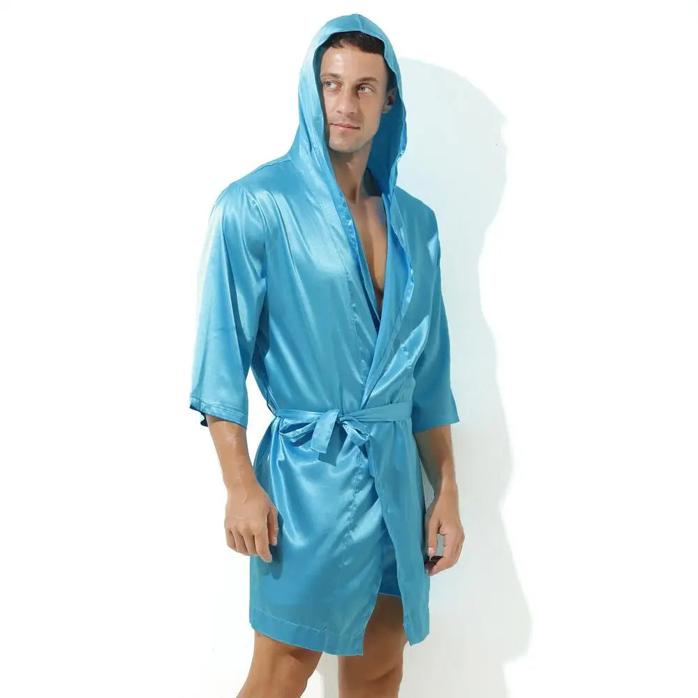 Sexy Nachtwäsche Herren Bademäntel Weich Seidig Kurzarm-Nachthemd Herren Hauskleidung Morgenmantel Herren Schlafanzug (Ohne Shorts)