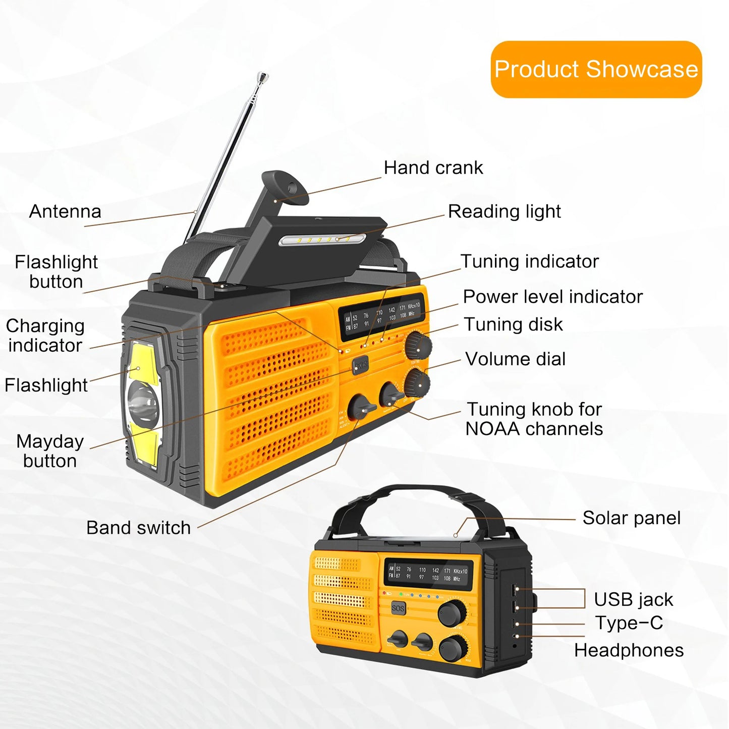 Wetterradio Notfall Multifunktionales Radio FM AM WB Handkurbel Solar USB-Ladefunktion 2000mAh Powerbank LED Taschenlampe
