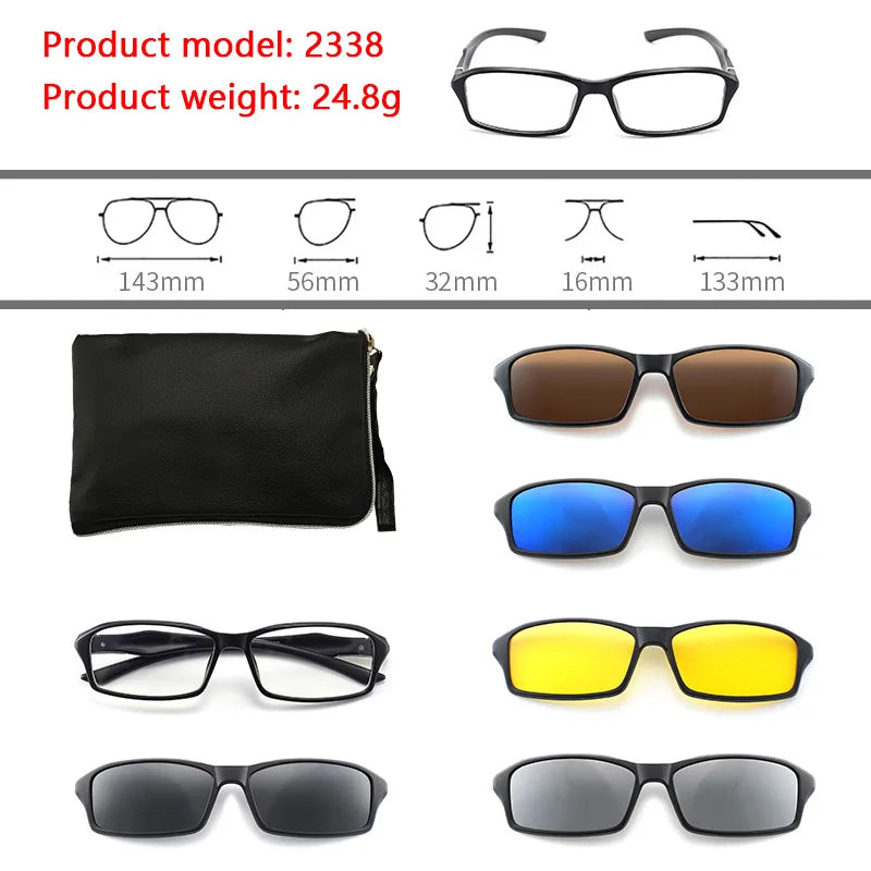 6 In 1 Polarized Sunglasses Men Women Magnetic Clip On Glasses TR90 Optical Prescription Eyeglass Frames Magnet Clips