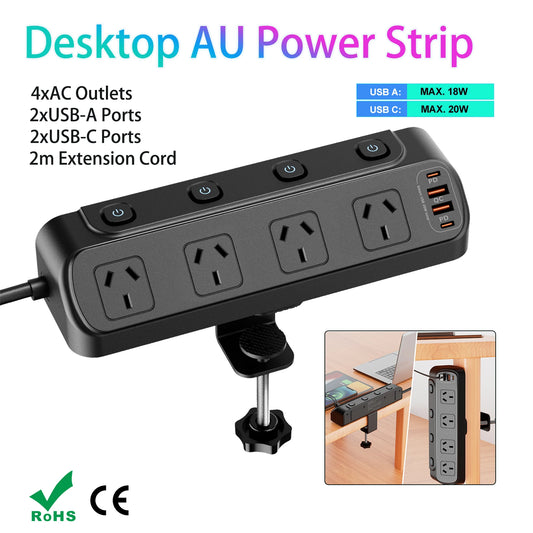 AU Plug Desk Clamp power board with 4 AC outlets 2 USB A and 2 USB C PD20W fast charging, 2m extension cord, multiprise socke