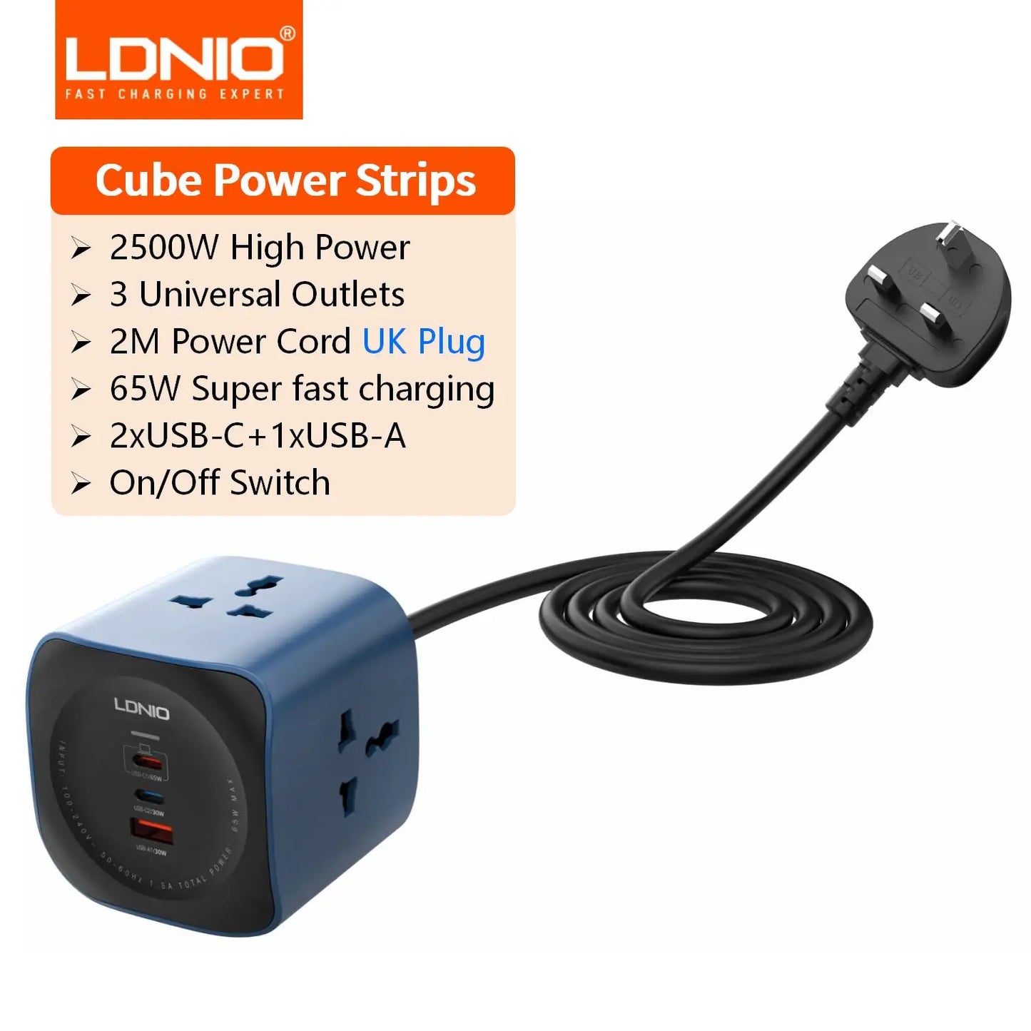 Multiprise cube LDNIO 3 prises universelles avec 3 ports USB 65W, protection contre les surtensions 2500W, cordon d'extension de 2m (fiche UK/EU/US) et interrupteur