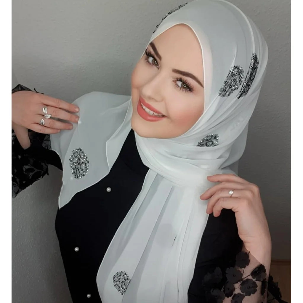 Turban instant musulman Strass Blanc Mousseline Hijab Abaya Hijabs pour femme Abayas Jersey Écharpe de tête scintillante Robe Femmes Turbans