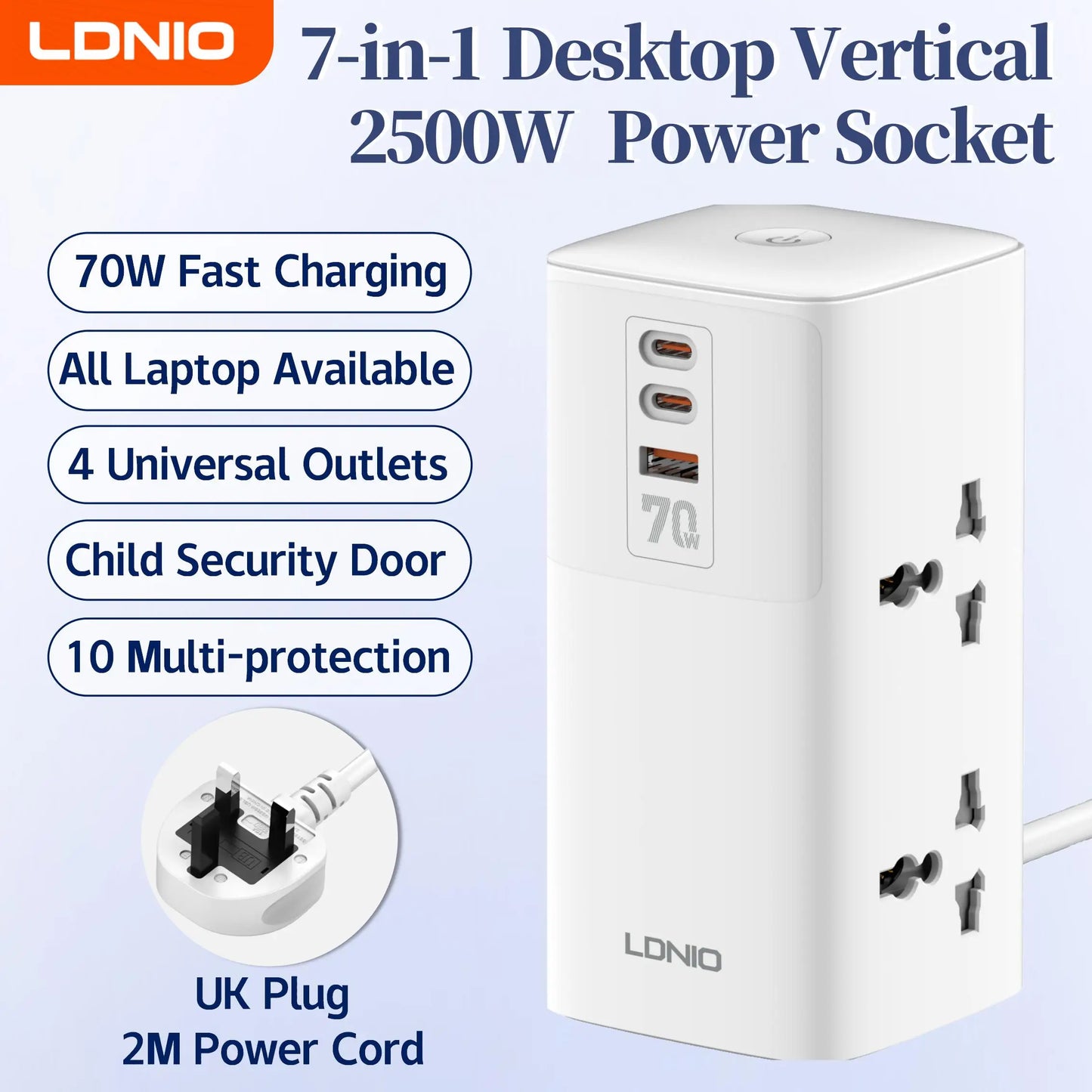LDNIO 45W Vertikale Turm-Steckdosenleiste Mehrfach Universalsteckdosen Verlängerungskabel QC PD USB C Schnellladegerät Bildschirm UK EU US Stecker