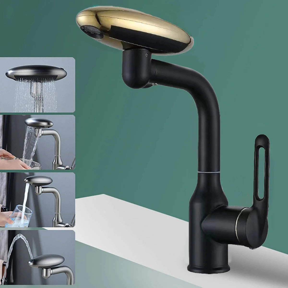 Multifunktionaler Wasserfall-Waschtischarmatur mit 4 Wasserauslassmodi, Sprüharmatur 360° drehbar, Warm-Kaltwasser-Spültischarmatur für das Badezimmer