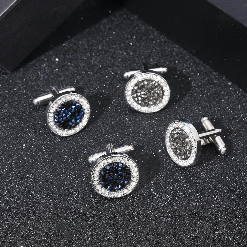 Modern Mens Cufflinks Pave Round Crystal Cuff Links Black Blue Rhinestone Color Dust Formal Button Ornaments