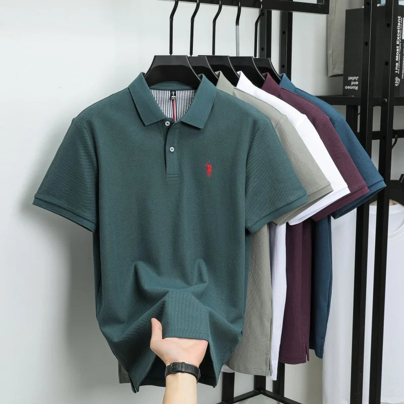 T-shirt polo d'affaires d'été décontracté ample brodé de marque de luxe haut de gamme en coton pur à 100 % pour homme à manches courtes respirant