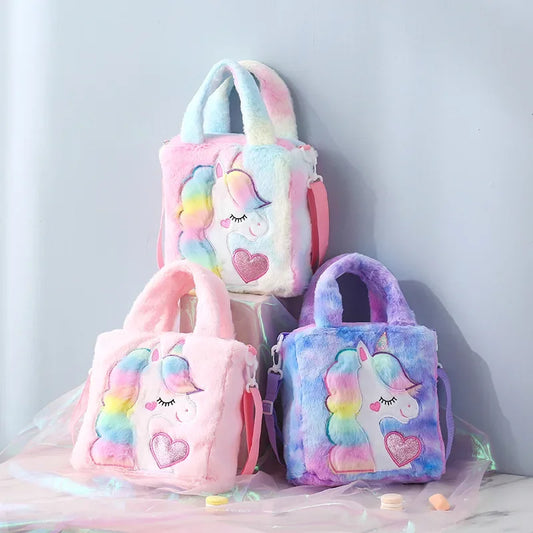 Kinder Handtaschen Schultertaschen Cartoon bestickt Plüsch One-Shoulder-Bag Niedliche Mädchen Kindertasche Einhorn Mädchen Umhängetasche Spot