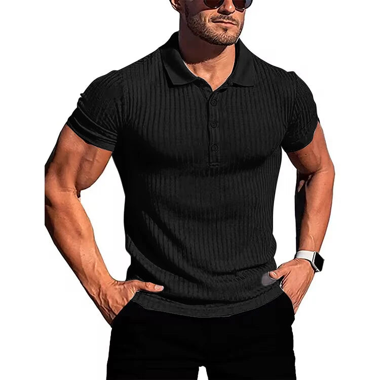 Herren Lauf-Sport-Fitnessbekleidung Sommer hochelastisches, vertikales Kurzarm-Polo-Shirt schlankes Strick-Basis-Shirt