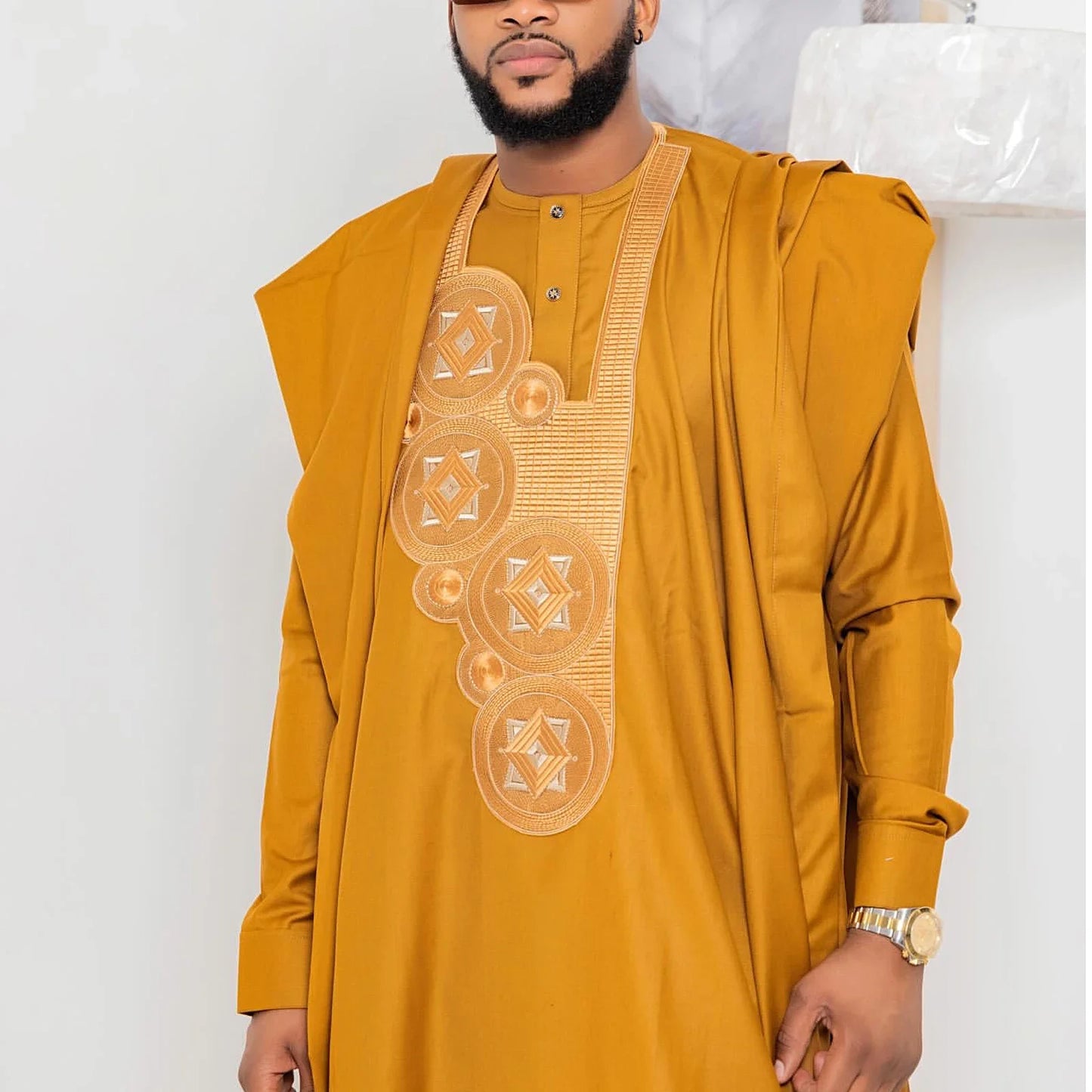 Vêtements Africains Homme Traditionnel Bazin Riche Broderie Haut Manches Longues Ensemble 3 Pièces