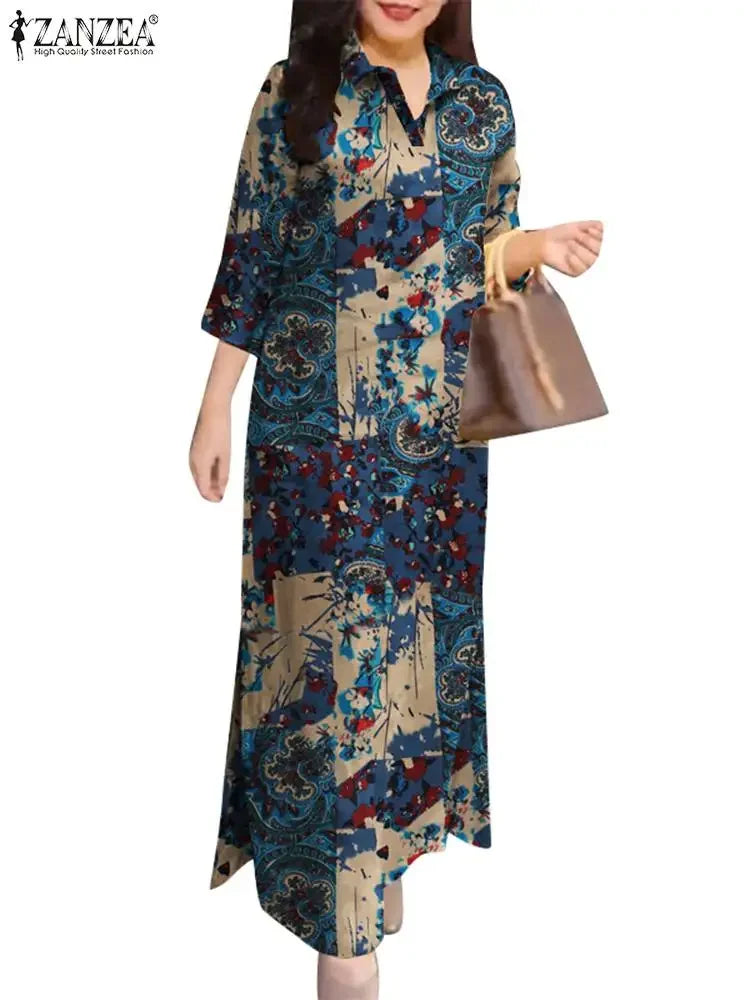 ZANZEA Robe longue à manches 3/4 pour femme, collection automne 2024, robe-chemise en coton avec col à revers, imprimé floral vintage, robe longue, nouveauté