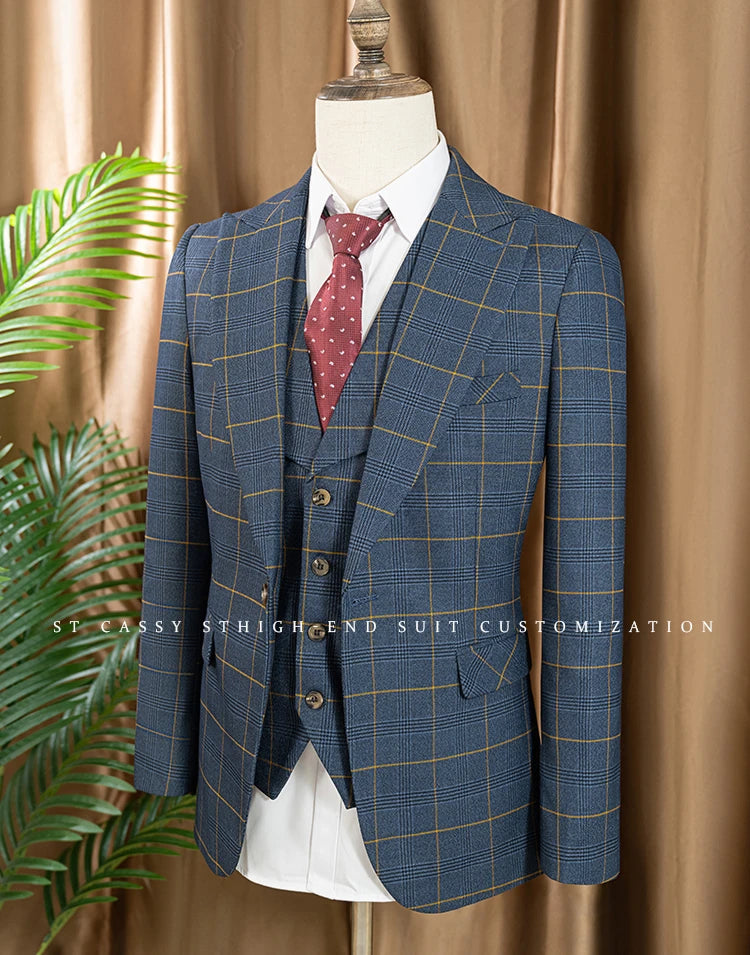 high quality 3 Piece Checkered Suit Set dark blue Stylish Business Office Wedding Formal Outfit Elegant full man dinner suit