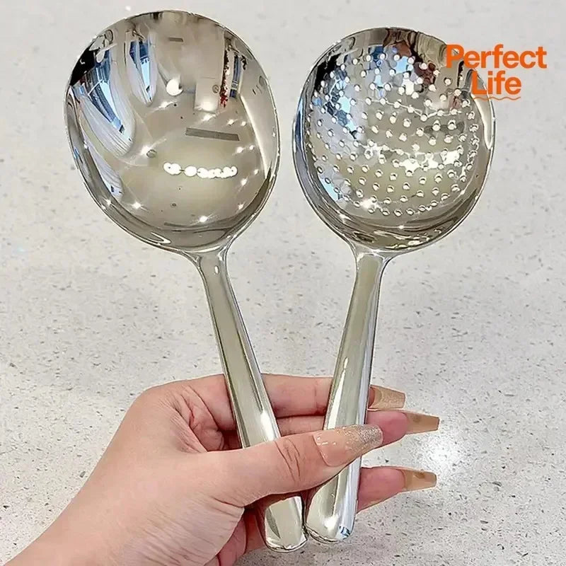 Stainless Steel Soup Ladle Long Handle Slotted Spoon Fruit Food Scoop Kitchen Tablespoon Cooking Utensils For Serving Straining