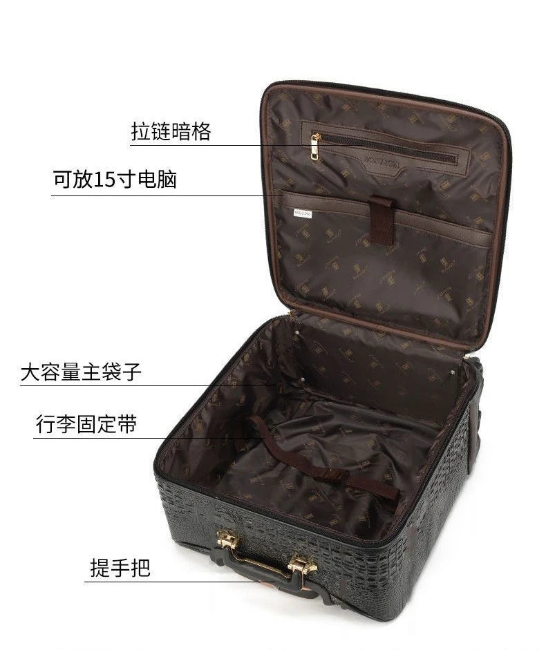 Valise de voyage de luxe en cuir véritable motif crocodile, à roulettes universelles, 16/20/24 pouces, pour hommes et femmes