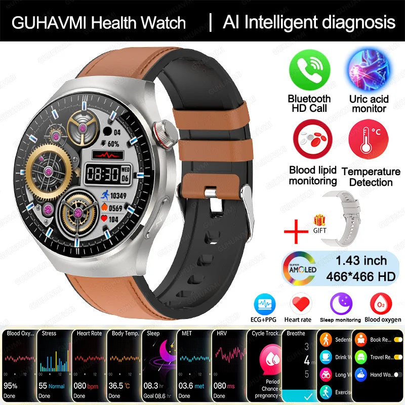 Montre Intelligente de Soins Infirmiers 2025 Montre connectée Santé, oxygène sanguin, lipides sanguins, acide urique, ECG+PPG, température corporelle, appel Bluetooth