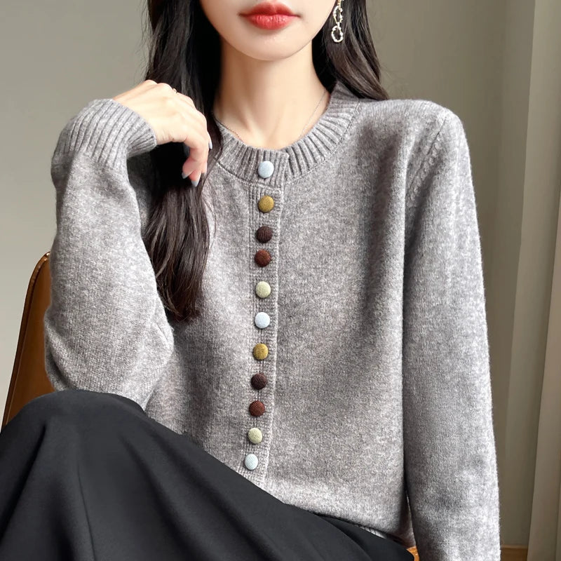 Cardigans Femme, Gilet Tricoté Chaud et Épais Boutonné à Col Rond Manches Longues pour l'Automne et l'Hiver, Haut de Chemise de Base