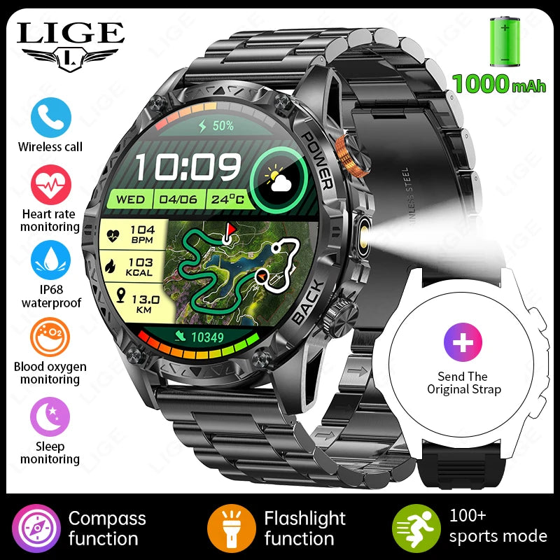 LIGE Nouvelle Montre Intelligente Militaire Hommes 1000mAh Batterie Super Capacité Bracelet Sportif Extérieur Moniteur de Fréquence Cardiaque Montre Connectée Étanche