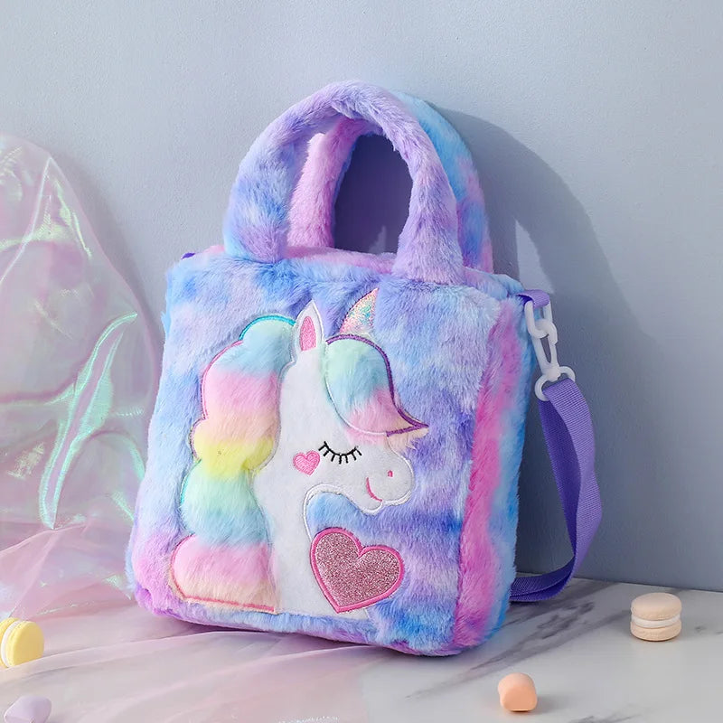 Sacs pour enfants Sacs à bandoulière Sac à bandoulière en peluche brodé dessin animé Sac à main mignon pour fille Sac à bandoulière licorne pour fille Spot