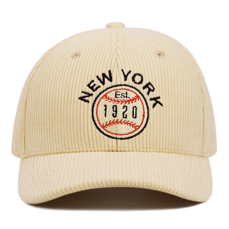 Casquettes de baseball en velours côtelé brodées New York pour hommes et femmes, idéales pour les sports de plein air et les tenues décontractées