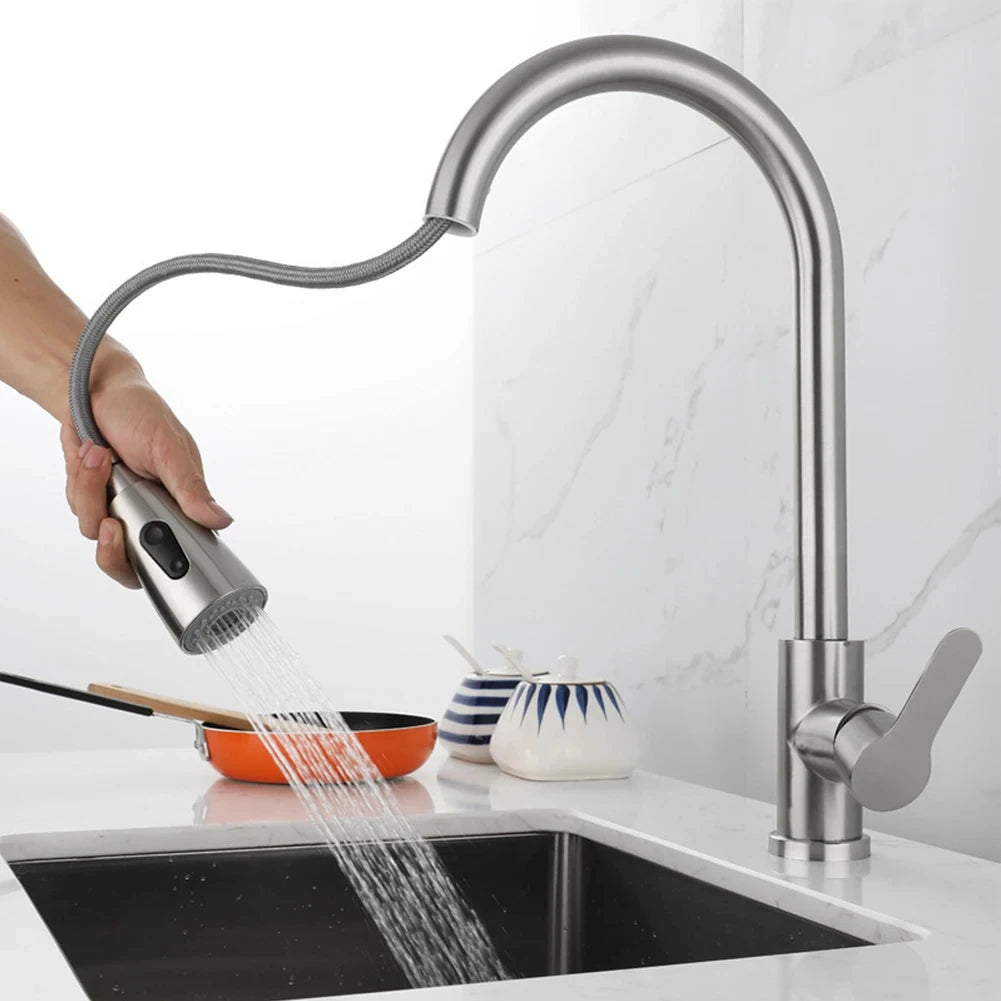 Küchenarmaturen Gebürstet Nickel Ausziehbare Küchenspüle Wasserhahn Deckmontierter Mischbatterie Strahlbrausekopf Heiß Kalt Armaturen Silber
