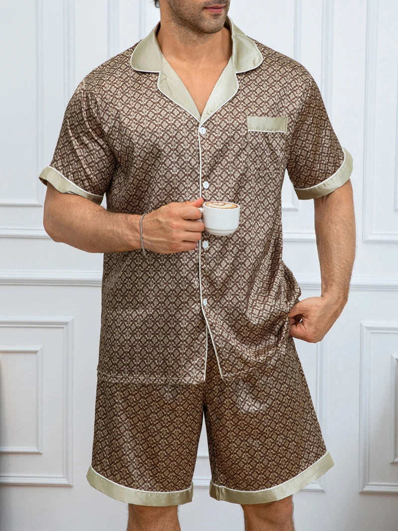 Herren-Pyjama-Set mit Karodruck, Kurzarm-Revers-Oberteil und elastische Shorts, bequem, perfekt für Sommer-Schlafanzüge und Loungewear