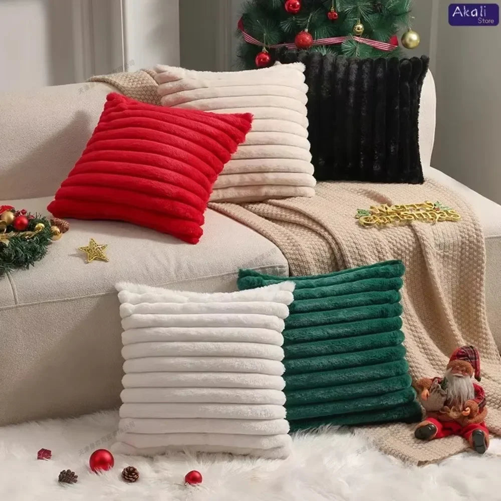 Housse de coussin en fausse fourrure de lapin, housse de coussin moelleuse et douce à rayures, oreillers décoratifs, décoration de luxe pour canapé