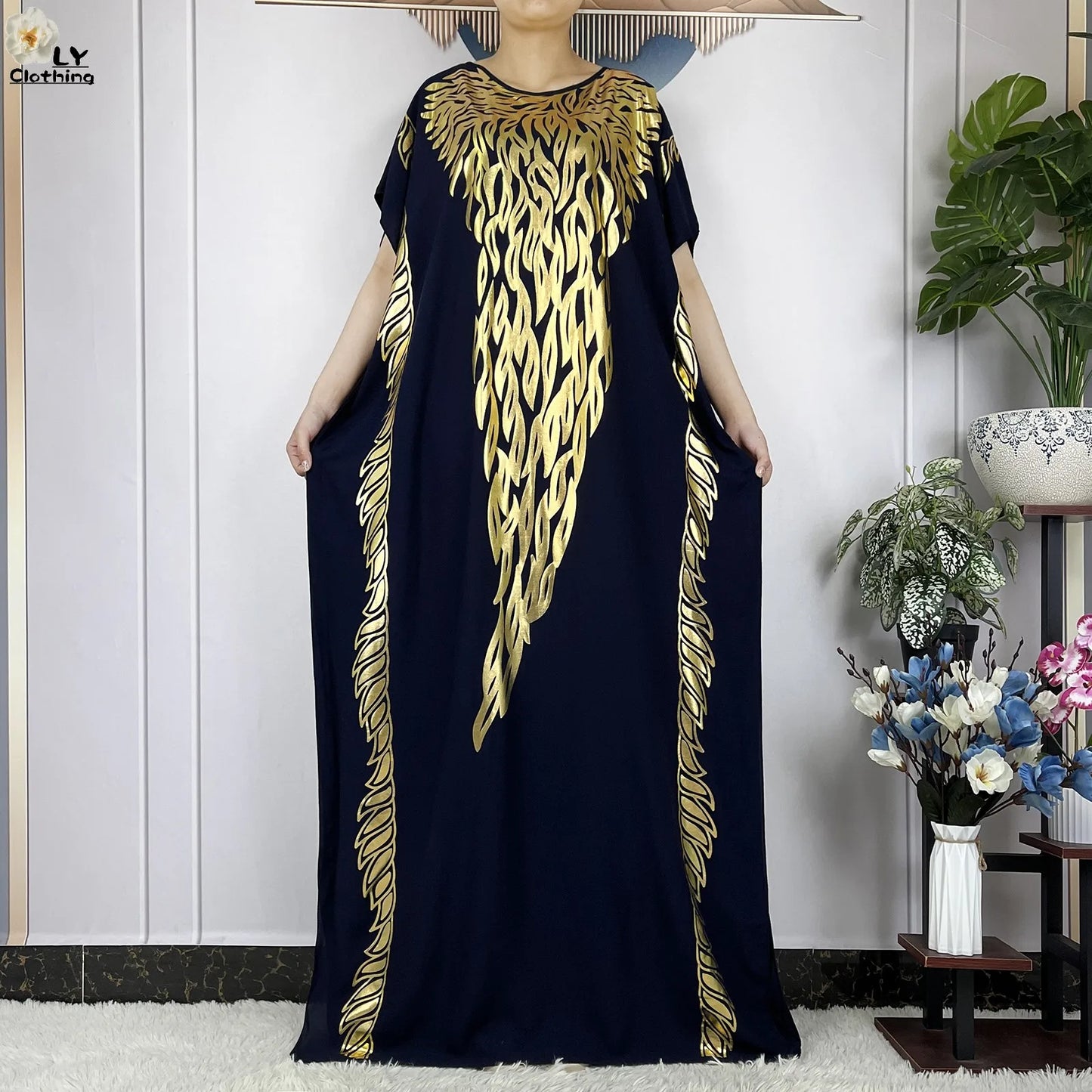 Neues Sommer-Kurzarm-Kleid aus Baumwolle für Damen mit großem Schal Goldprägung Boubou Maxi Islam Damen Afrikanische Abaya Kleidung