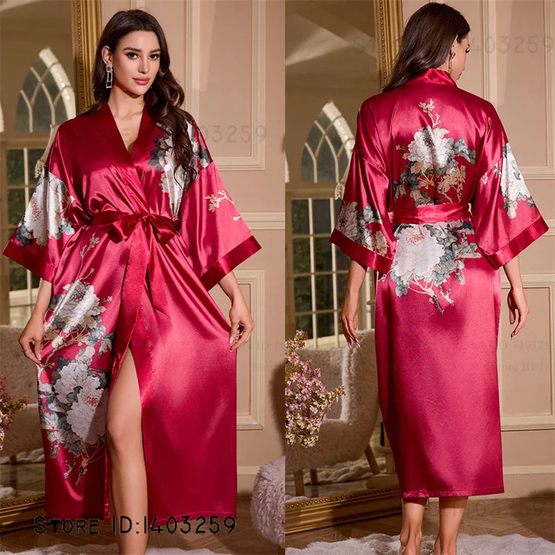 Großer Kimono Bademantel Blütenmuster Langer Morgenmantel Negligé Hauskleidung Frühling Sommer Neue Nachtwäsche Lose Pyjamas
