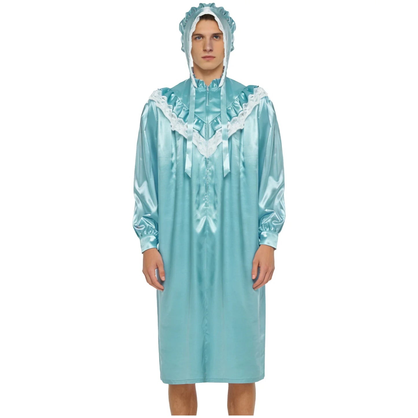 Pyjama homme à volants et dentelle, nuisette victorienne Sissy avec chapeau, robe de nuit satinée à manches longues et fermeture éclair sur le devant