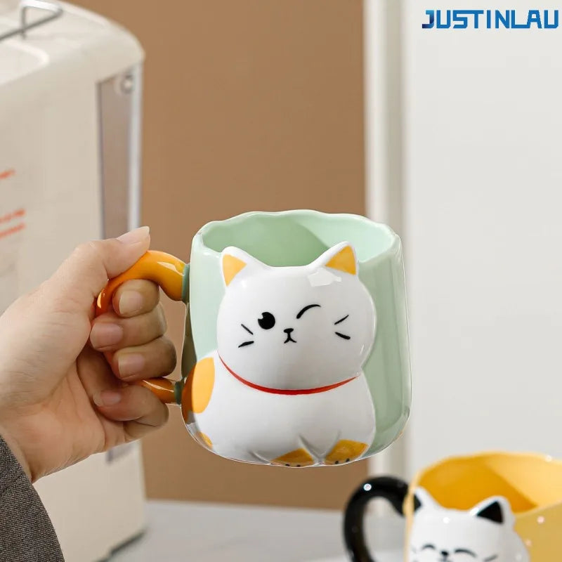 JUSTINLAU Tasse en céramique mignonne avec couvercle et cuillère, motif chat de dessin animé en relief, style japonais, tasse à café émaillée, tasse à thé en céramique