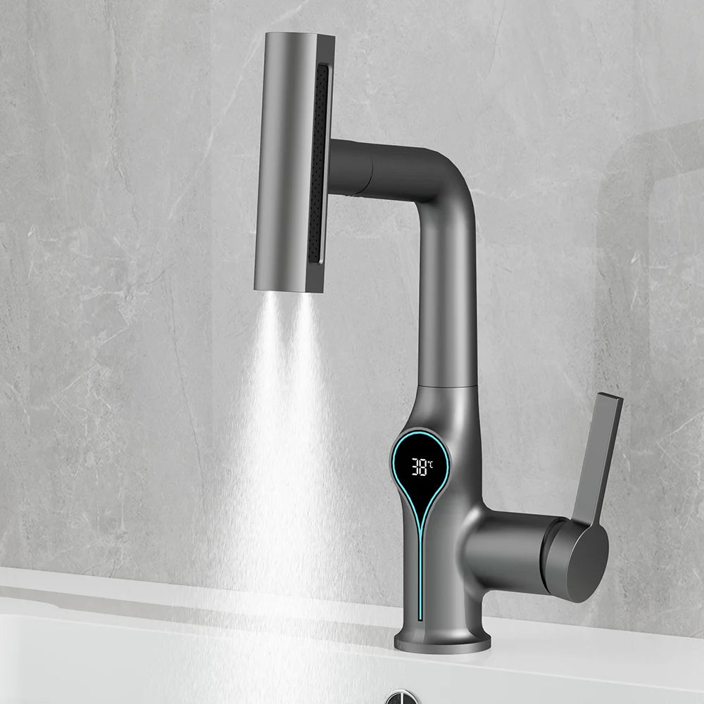 Robinet de lavabo numérique avec affichage de la température Cascade, pulvérisateur à jet relevable haut et bas, mélangeur chaud/froid pour salle de bain