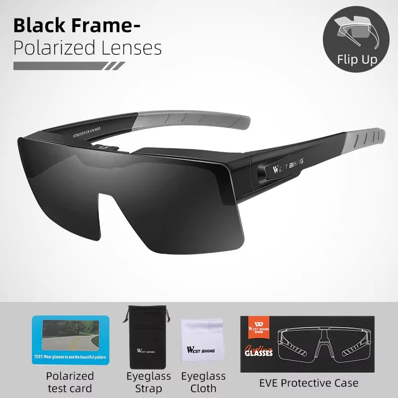 WEST BIKING Lunettes de cyclisme photochromiques Verres relevables Lunettes polarisées à clipser Pare-soleil VTT Vélo de route Lunettes de conduite de nuit
