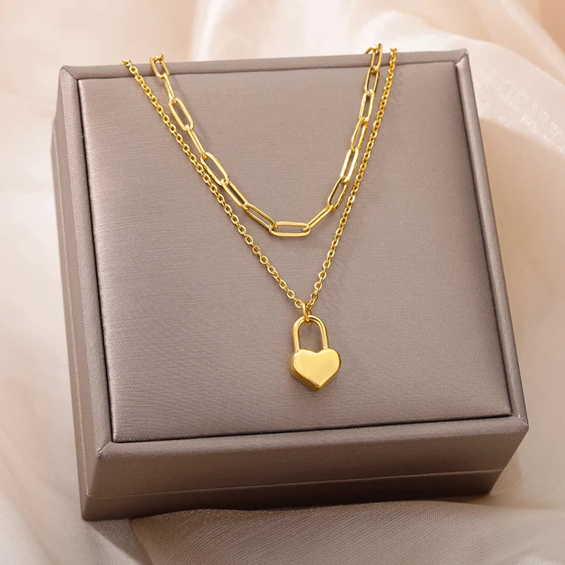 Colliers multicouches en forme de cœur pour femmes, en acier inoxydable, couleur or, pendentif œil maléfique, chaîne ras du cou, bijoux de mariage, cadeau