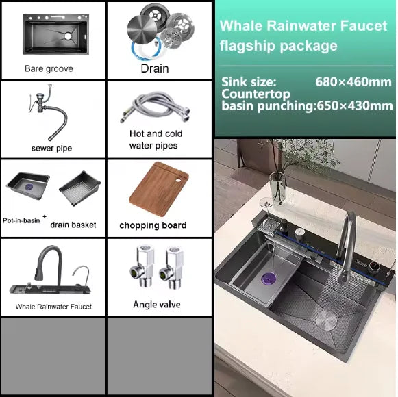 Integrierte Wasserfall-Küchenspüle Waben-Technologie Großes Digitaldisplay Edelstahl-Seifenspender Tassenspüler