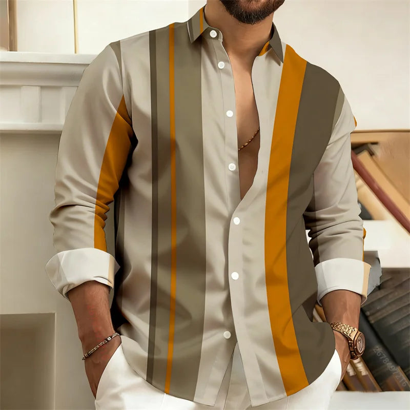 Chemise Homme à Rayures Color Block Manches Longues, Chemise Décontractée Business Style Rétro, Haut Tendance Homme Coupe Slim, Tailles S-6XL