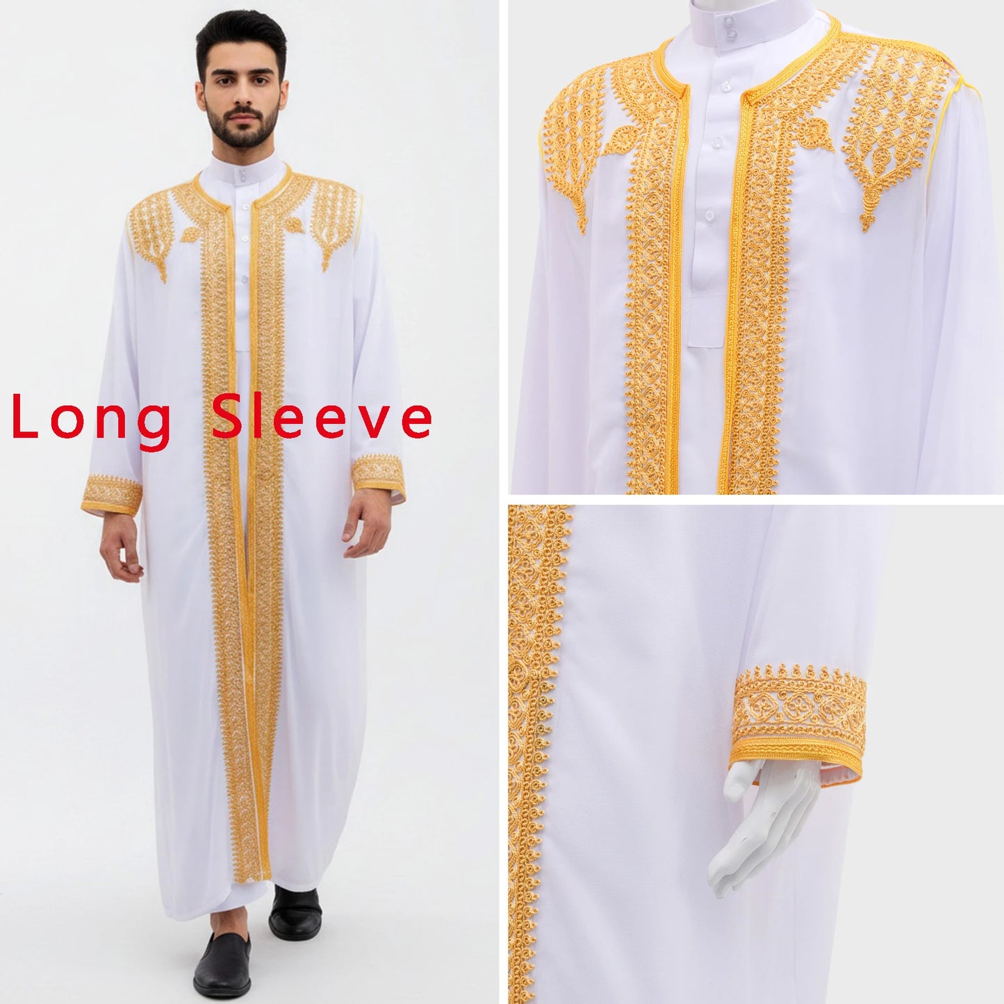 Traditional Arab Men's Robe Thobe Embroidered Dress Middle Eastern Ethnic Jubba Thobes Eid Djellaba Kimono Abaya Thoub Dishdasha