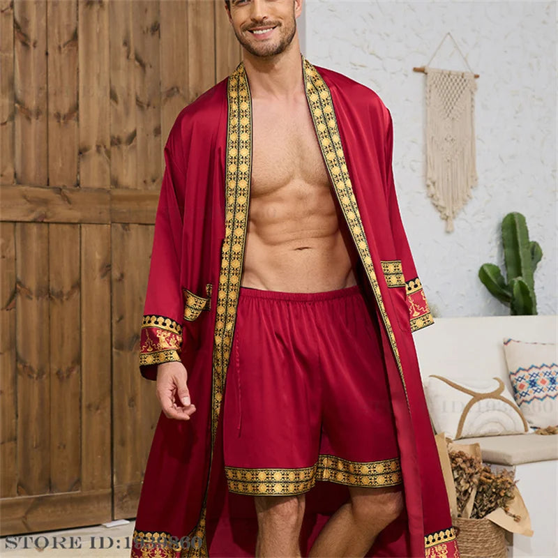 Frühling Sommer Neu Herren Schlafanzug 2-teiliges Roben-Shorts-Set Barockstil Seidensatin Kimono Bademantel Nachthemd Lose Homewear Loungewear