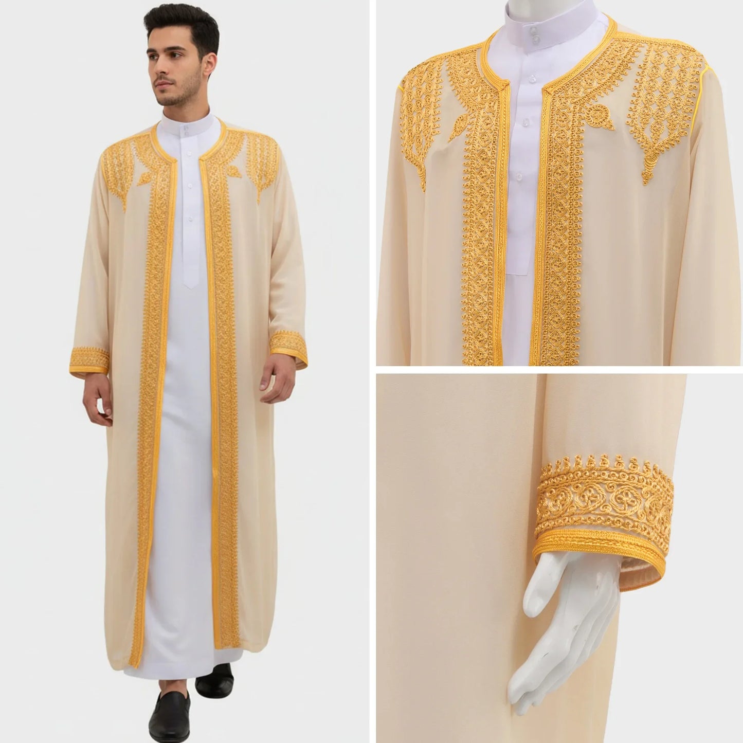 Traditional Arab Men's Robe Thobe Embroidered Dress Middle Eastern Ethnic Jubba Thobes Eid Djellaba Kimono Abaya Thoub Dishdasha
